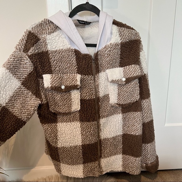 SHEIN Flap Pocket Contrast Hooded Buffalo Plaid Teddy Coat size L - Picture 5 of 10
